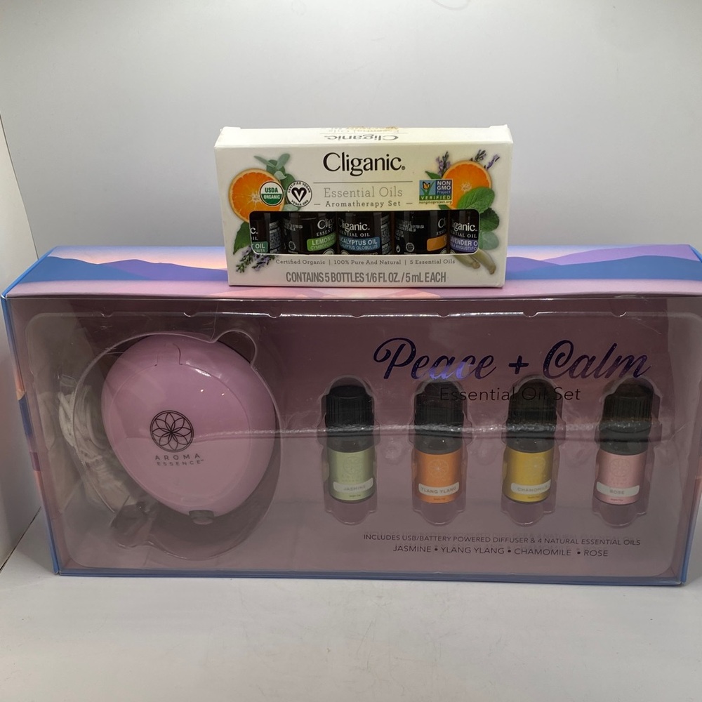 Peace + Calm Oil & Diffuser Set + 5 bottles of Cliganic 1/6 fl. oz. Oils